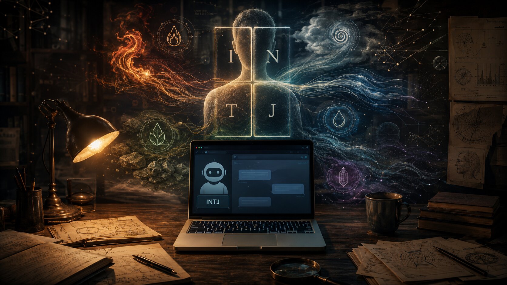 A laptop showing an AI chatbot assigning INTJ while a human figure behind it is divided into rigid letter boxes and surrounded by elemental energy flows.