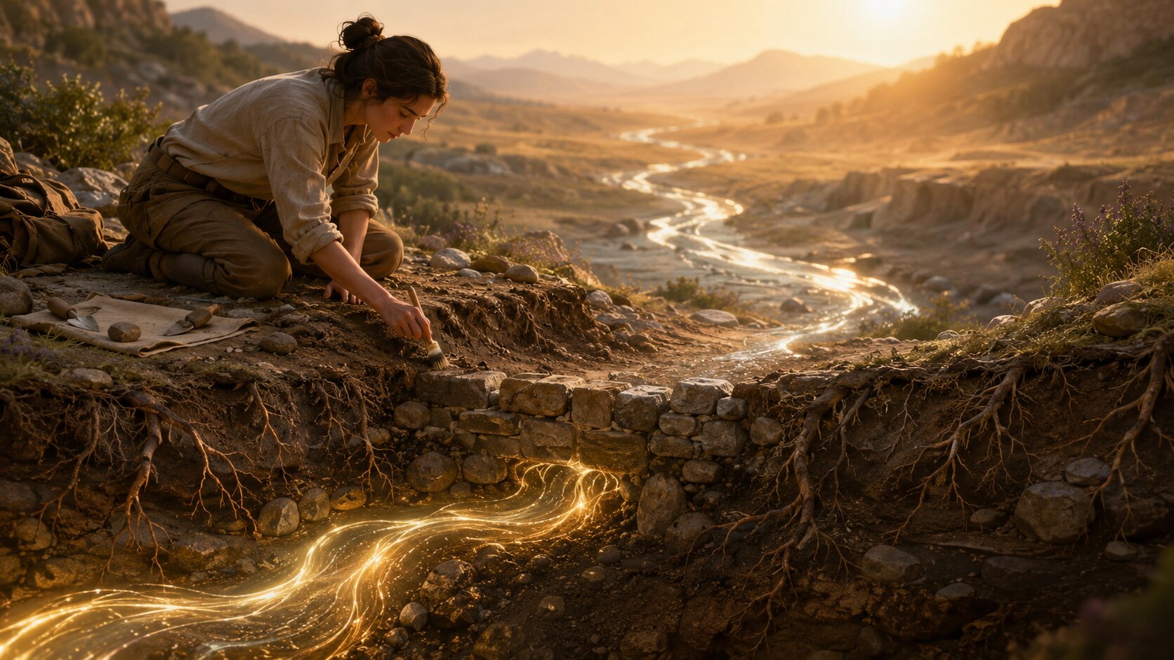 An archaeologist gently uncovering a buried stone dam while a glowing river of energy flows through an ancient landscape.
