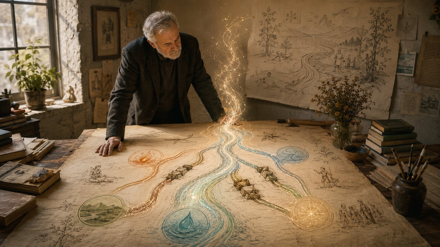 A researcher studying a hand-drawn diagnostic table where a glowing river of flow splits into five elemental channels.