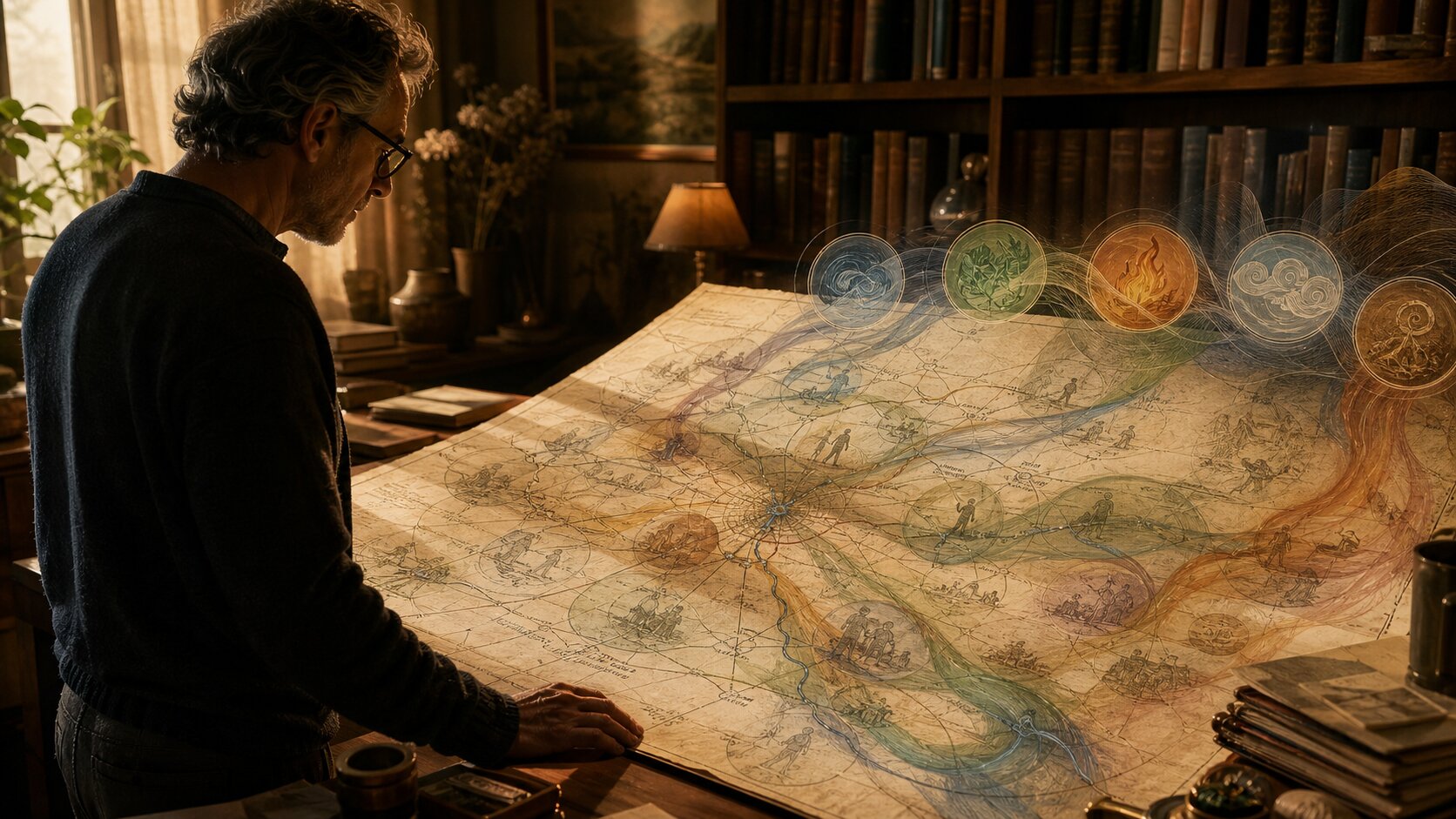 A person studying an old symbolic map of life scripts in a warm library.