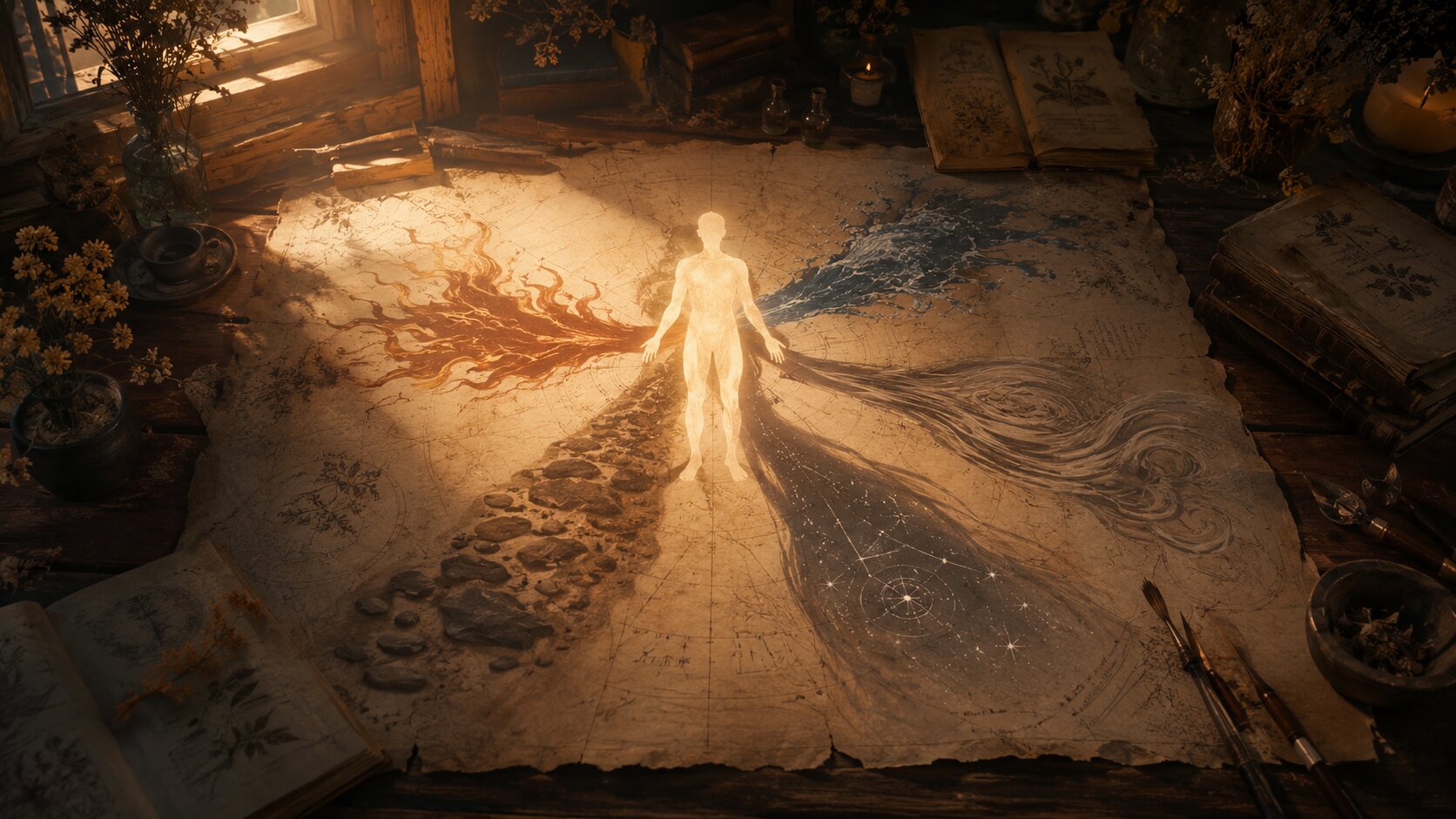 A glowing human figure casting five elemental shadows across an old parchment map on a warm wooden desk.
