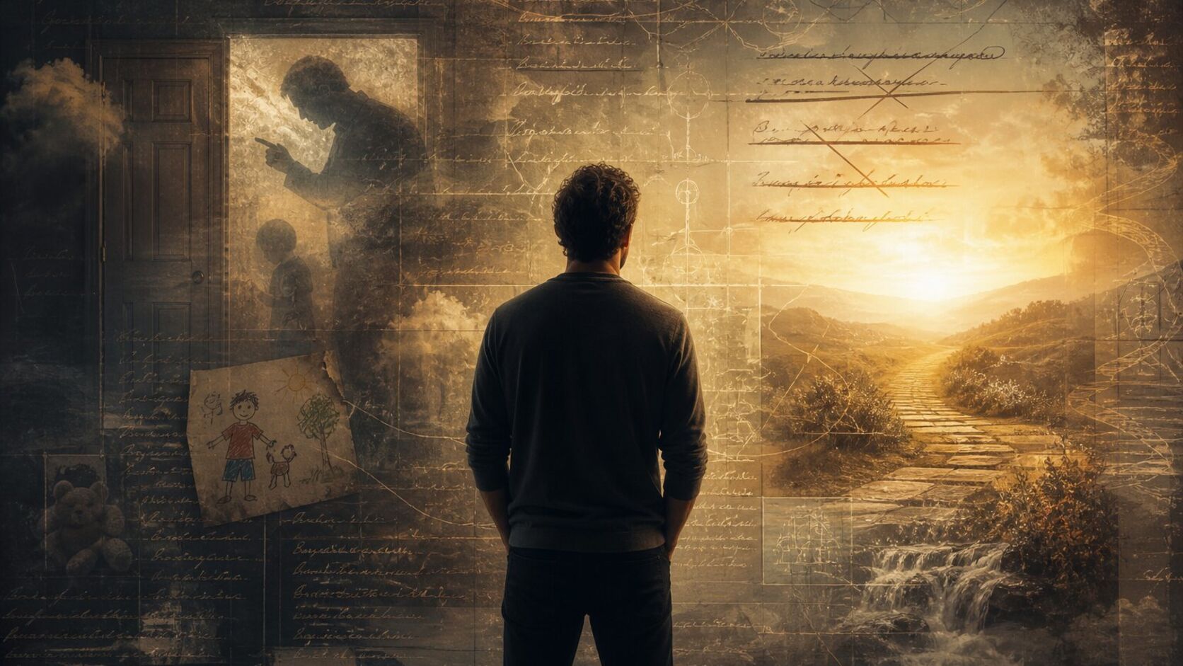 A person facing layered childhood memories, handwritten code, crossed-out messages, and a bright path forward.