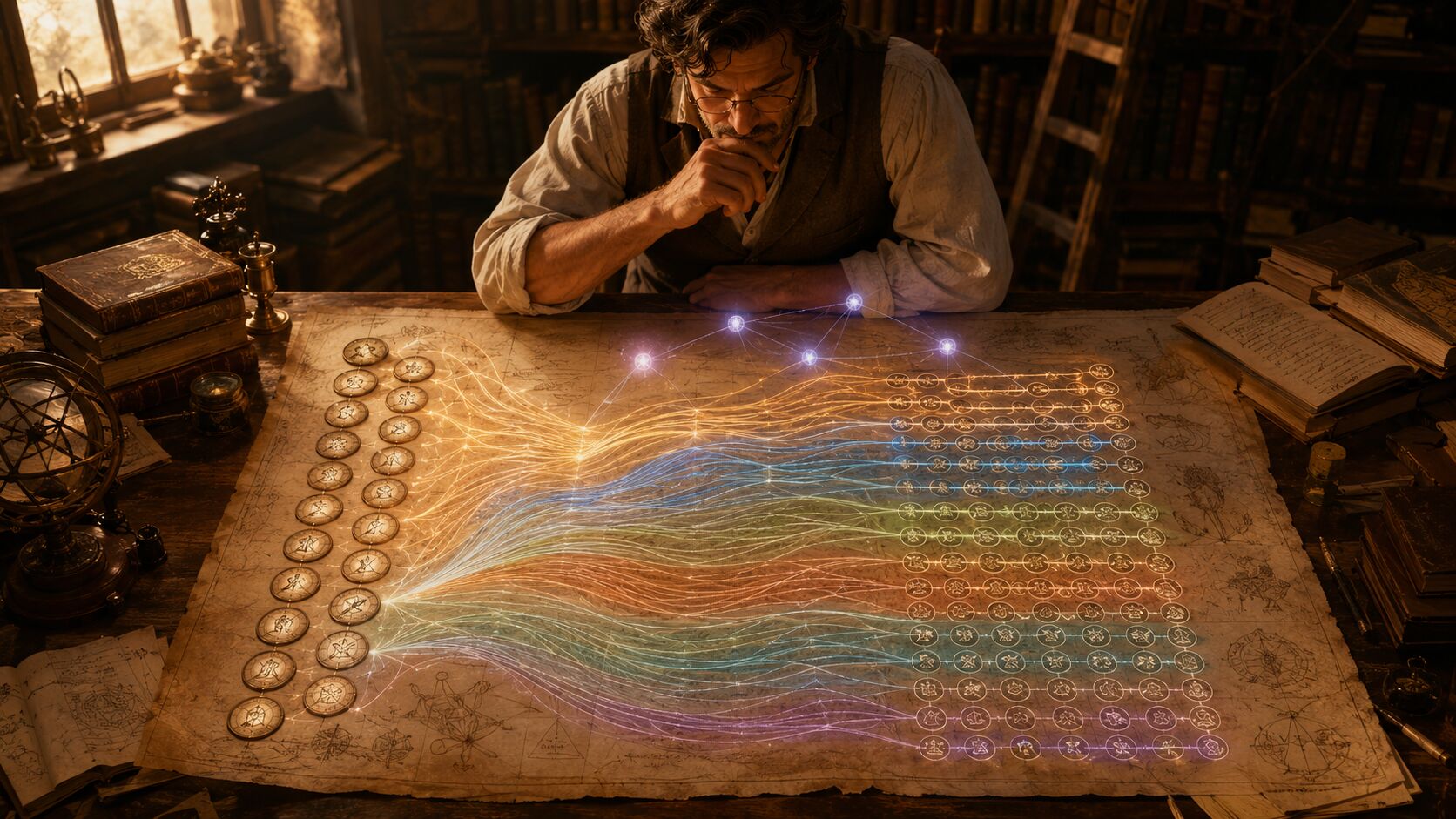 A researcher studying an old parchment map where Murray's needs branch into many luminous elemental pathways.