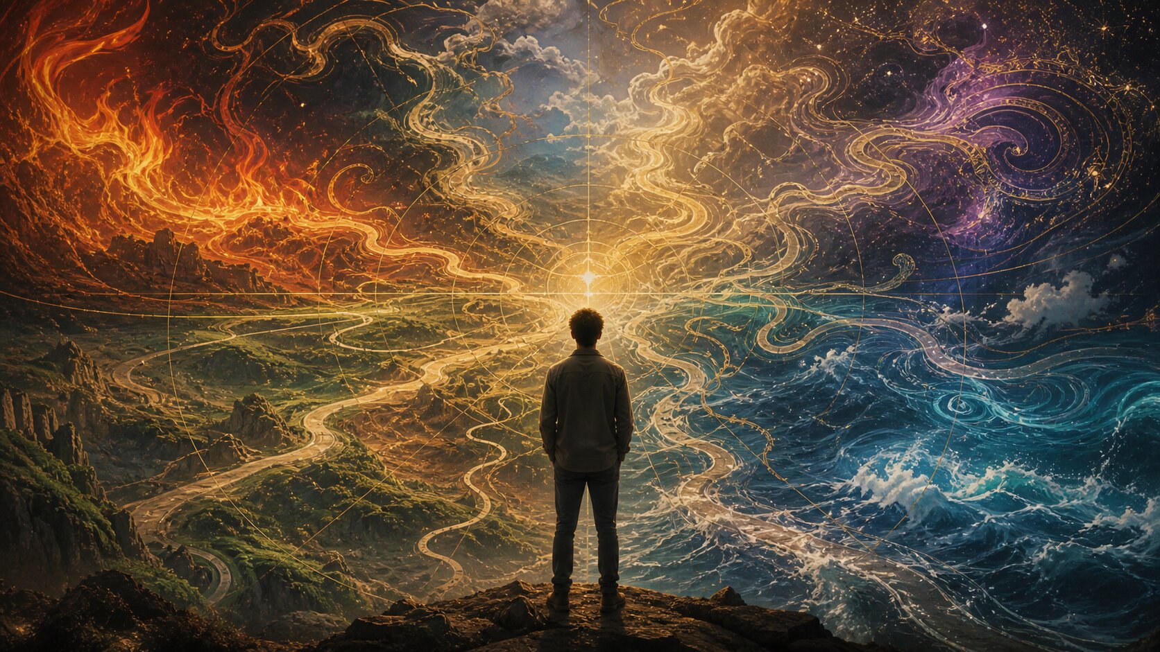 A person standing before a luminous map of elemental paths, suggesting a personal compass rather than a diagnostic label.