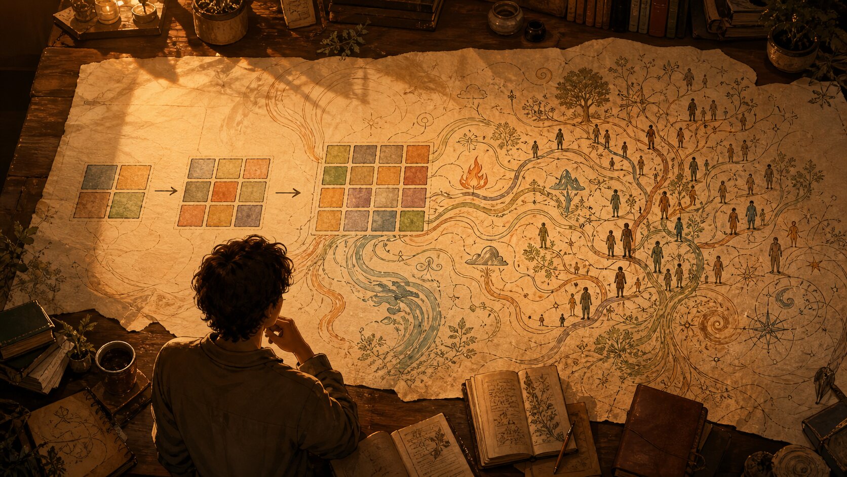 A warm paper map showing small personality type grids dissolving into many branching human paths and elemental symbols.
