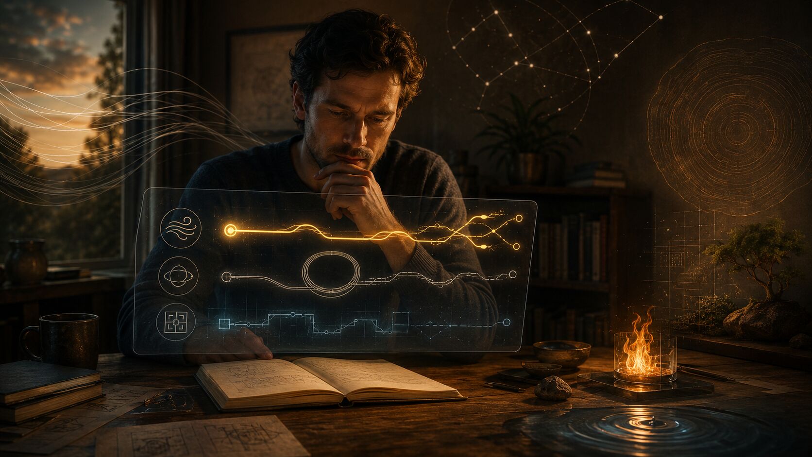 A thoughtful person studying a glowing diagnostic interface with layered script paths and subtle elemental symbols.