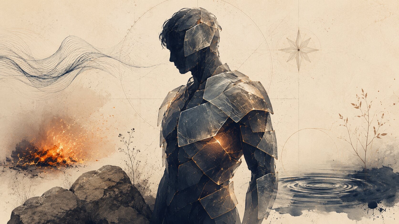 A human silhouette in translucent cracked armor, surrounded by subtle fire, air, earth, water, and ether motifs on warm parchment.