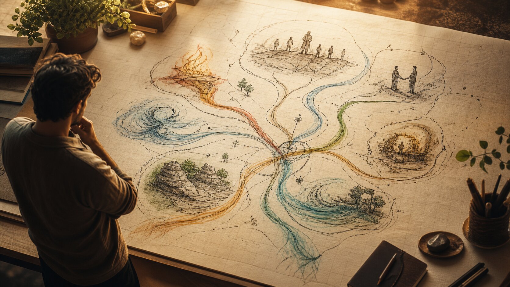 A person studying a warm paper map of elemental work paths, showing where different instincts may create value.
