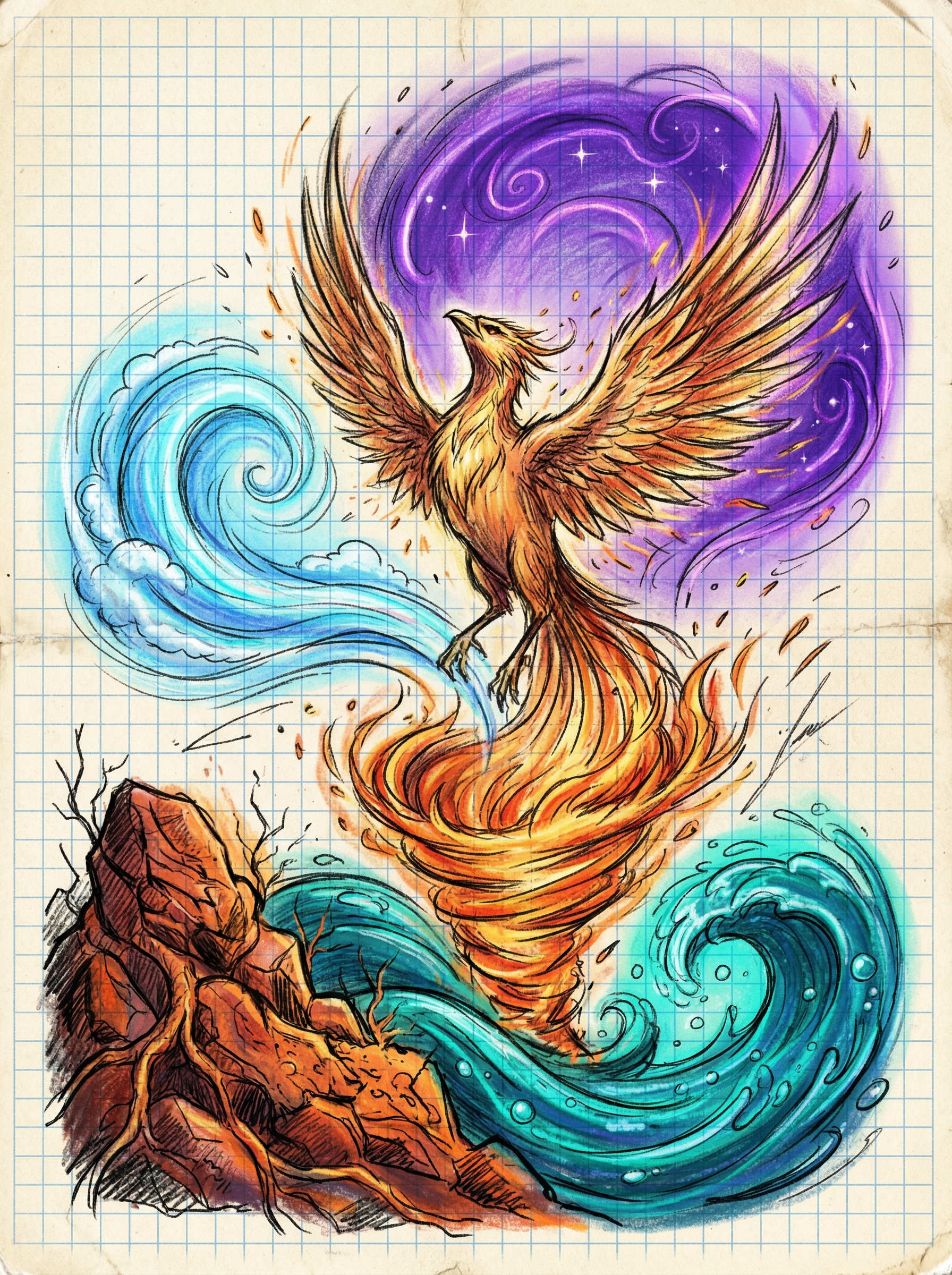 Character illustration: a phoenix-like figure emerging on graph paper, surrounded by 5 element glows (earth terracotta, fire amber, air blue, water teal, ether violet). Hand-drawn sketch style, colored. Dynamic pose - rising, choosing a path. Connected to the WinnerScript logo concept.