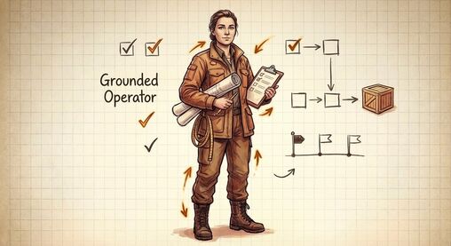 Grounded Operator archetype illustration with blueprint tools and terracotta earth accents.