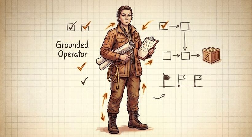 Grounded Operator archetype illustration with blueprint tools and terracotta earth accents.