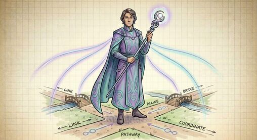 Herald-Organizer archetype illustration at a crossroads with ether-water tones.