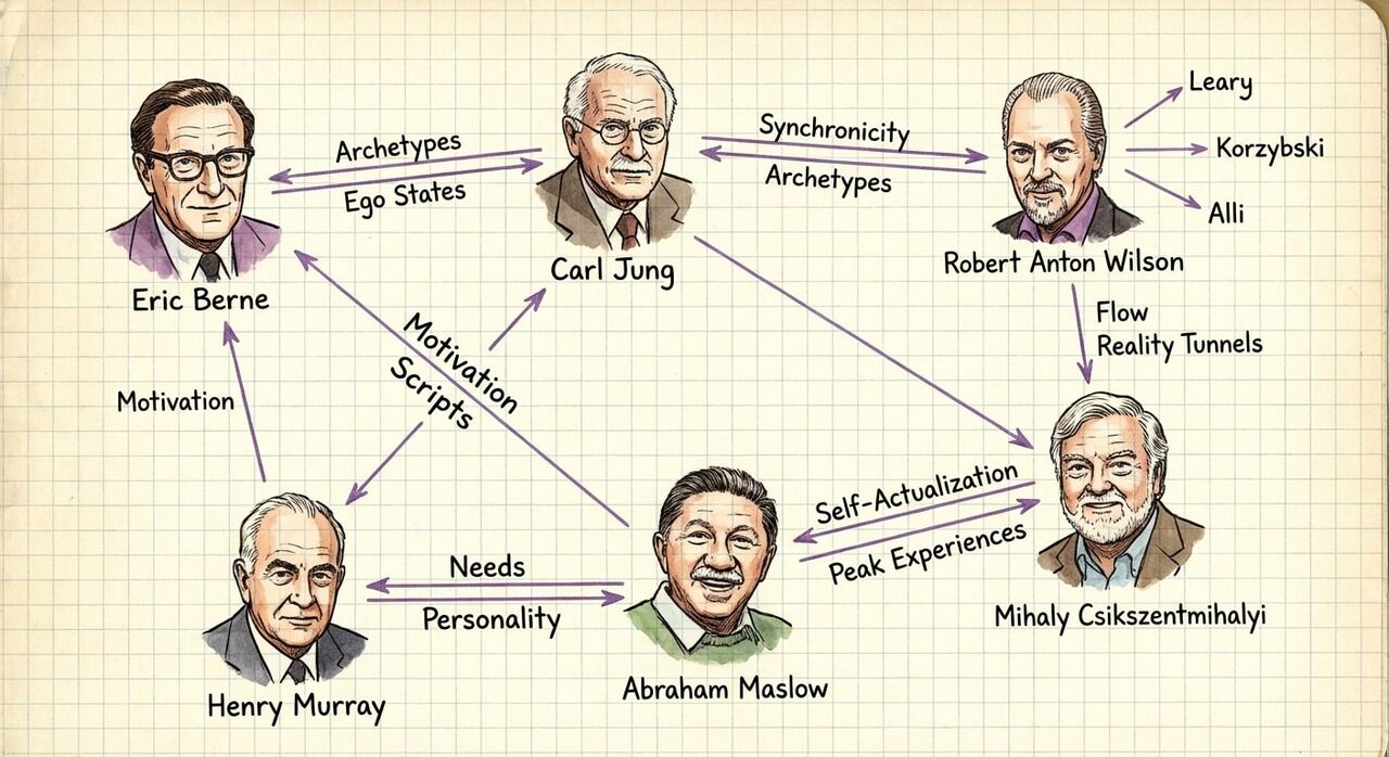 Scholar genealogy map connecting core thinkers behind WinnerScript on graph paper.