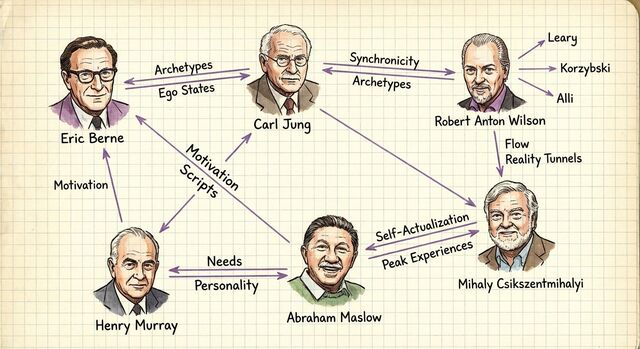 Scholar genealogy map connecting core thinkers behind WinnerScript on graph paper.