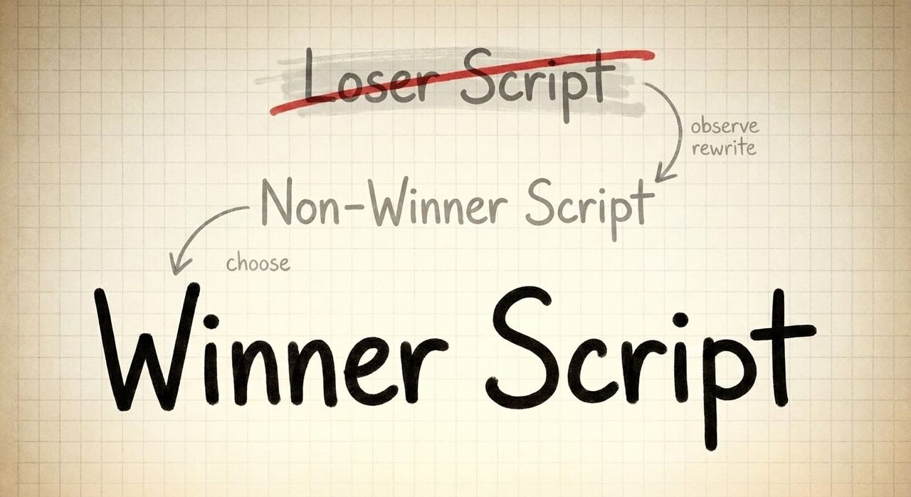 Hand-drawn transformation from Loser Script to WinnerScript on graph paper with arrows and rewrite notes.