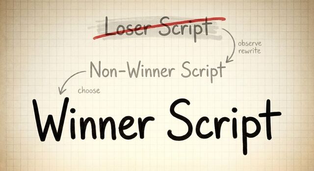 Hand-drawn transformation from Loser Script to WinnerScript on graph paper with arrows and rewrite notes.