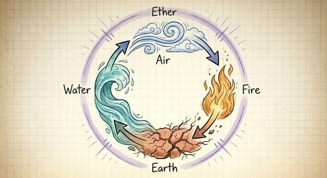 Hand-drawn element spiral showing Air, Fire, Earth, Water and Ether with directional flow arrows.