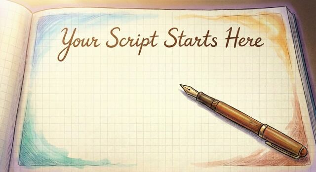 Open notebook page reading Your Script Starts Here with a pen and subtle element-color edges.